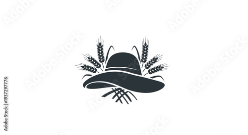 Black hat surrounded by wheat ears and plants illustration.