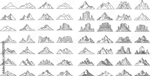 Mountain line art icons, rocky peak vector illustrations, various nature landscape shapes, outdoor adventure climbing symbols, minimalist highland travel graphics