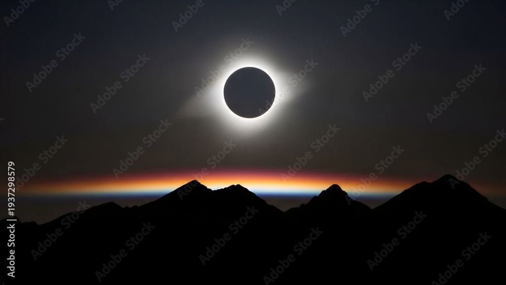 Fototapeta premium Spectacular solar eclipse over mountain range, with vibrant atmospheric colors visible during totality, a celestial event of profound beauty and scientific wonder