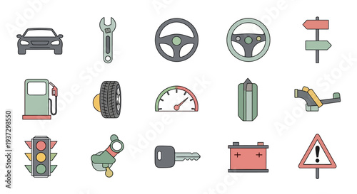 Car Parts and Accessories Icons Set.