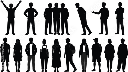 People silhouettes collection set, flat vector illustration of men and women standing, walking and casual poses