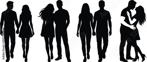 Romantic couple silhouettes collection, flat vector illustration of man and woman walking, holding hands and kissing poses
