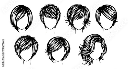 Collection of diverse hairstyles for women drawn in sketch style.