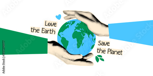 Earth day collage sticker. Halftone hands holding cut out of crumpled paper Earth globe Banner template, text Save the planet, Love the Earth Modern retro vector illustration on transparent background