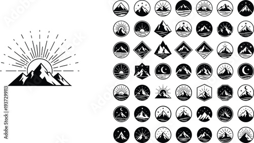 Mountain logo icons collection, circular peak silhouettes with sun and moon, outdoor wilderness adventure emblems, nature exploration vector