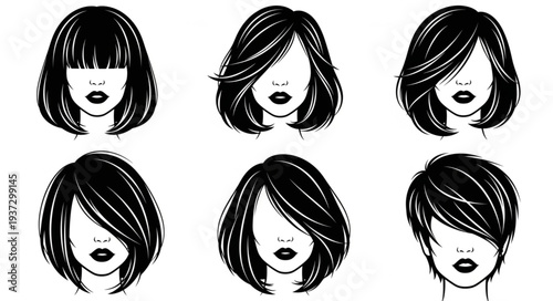 Collection of six different hairstyles for women.