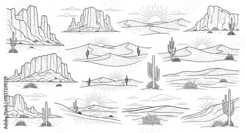 Collection of desert landscape sketches with cacti and rock formations.