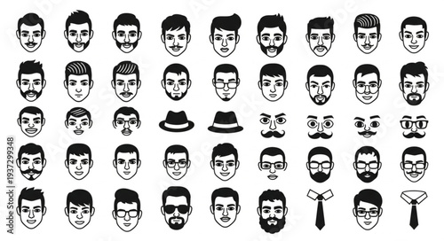 Collection of Diverse Hand Drawn Male Faces and Accessories.
