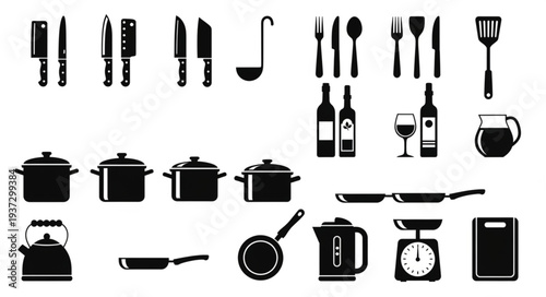 Collection of Kitchen Utensils and Cookware Silhouettes.