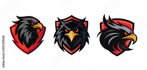 Set of three stylized eagle heads on shields for esports or sports team logos