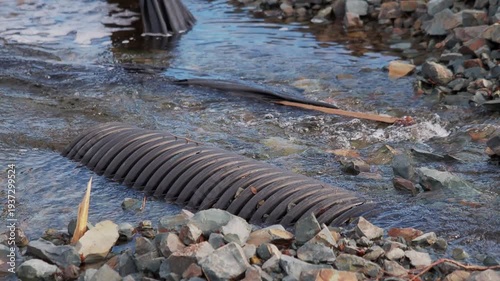 Flood damage on a small river at a construction site. Flood damage on a small river caused by heavy rain and an undersized culvert. 