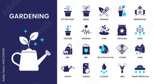 Gardening icons set in modern minimalist style with blue and white color scheme on flat design for web and mobile applications
