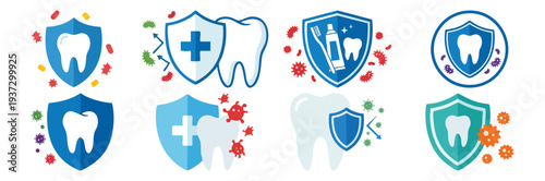  CAVITY FREE - Shield protecting a tooth from small bacteria  Flat Vector Illustration on Transparent Background