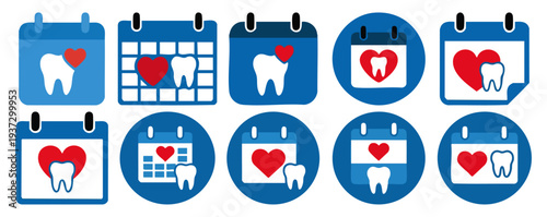  CHECKUP - Calendar icon with a tooth and a red heart  Flat Vector Illustration on Transparent Background