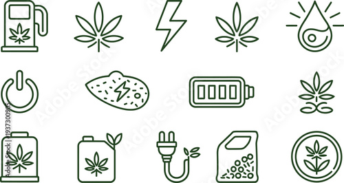 Set of green line icons on white background for graphic resources