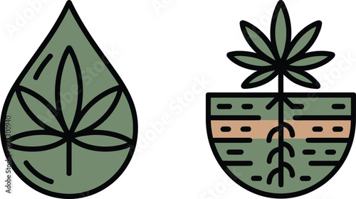 Cannabis leaf and plant in soil illustration graphics