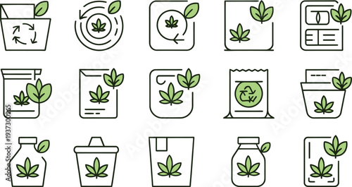 Canna leaves on various eco friendly recyclable packaging icons  cannabis symbols