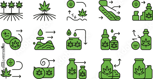 Various cannabis and CBD oil icons and symbols for medical and recreational use