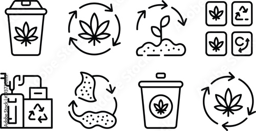 Cannabis recycling and reuse concept icons in black and white