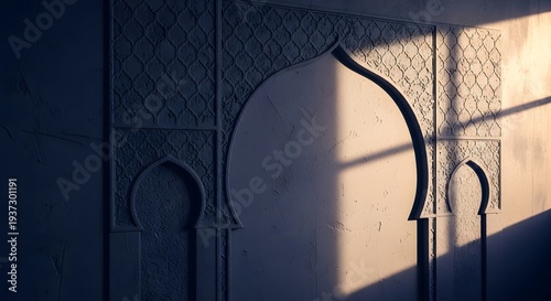 Intricate islamic arch design on textured wall with dramatic sunlight and shadow creating a spiritual atmosphere