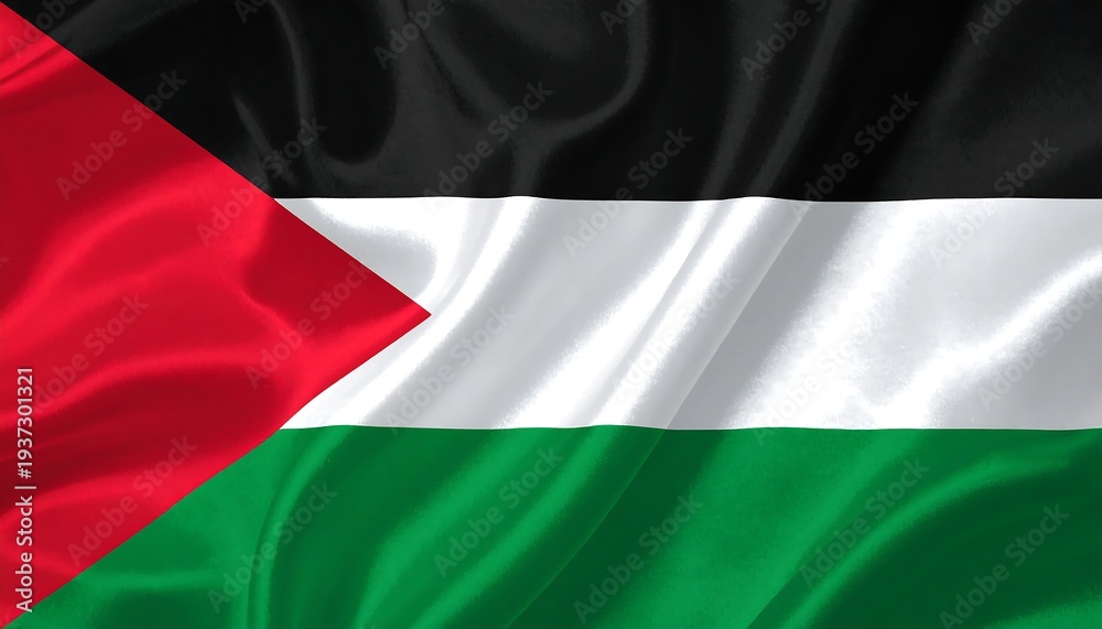 Fototapeta premium Palestinian flag with red triangle, black, white, and green bands. Wavy silk texture adds depth to the image