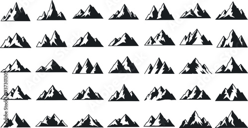 Mountain peak icons, minimalist black silhouette vector illustrations, diverse alpine summit symbols for nature branding and outdoor adventure maps