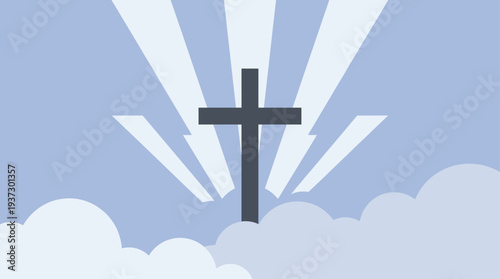 A serene cross illustration rising above clouds with radiant light beams in a heavenly scene