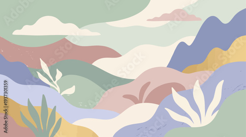 A serene landscape illustration featuring mountains, plants, hills, and clouds from an aerial viewpoint