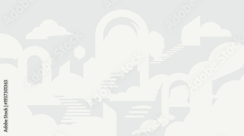 A serene landscape illustration with clouds, stairs, and arches viewed from a distant perspective