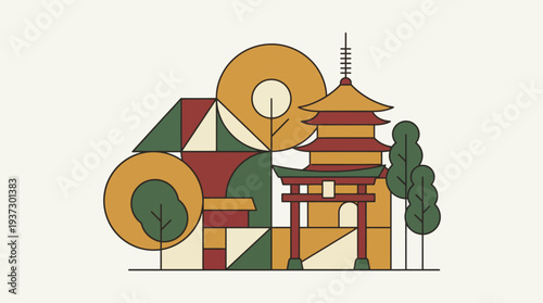 An illustration of a traditional temple surrounded by trees and geometric shapes from a frontal viewpoint