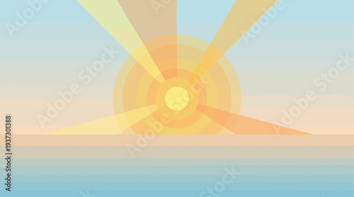 Sunset over serene ocean waves illustration from a low viewpoint