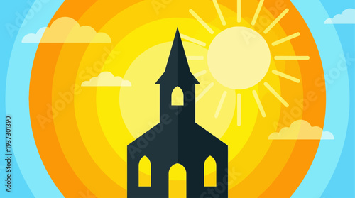 Church silhouette against vibrant sunburst with clouds in circular frame