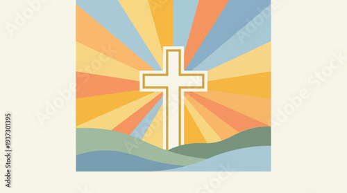 Cross illustration on serene hills with colorful sunrise rays in the background