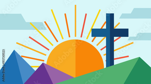 Illustration of a cross on a hill at sunrise with geometric mountains