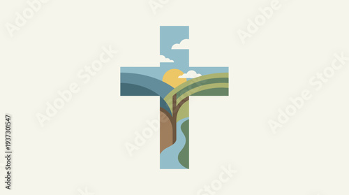 Serene Cross Symbolizing Spirituality and Nature's Harmony in a Peaceful Landscape