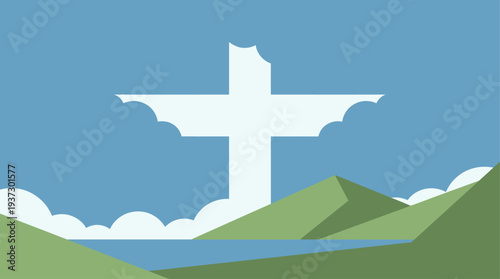 A large white cross stands prominently over serene green hills and a body of water under a clear blue sky with clouds