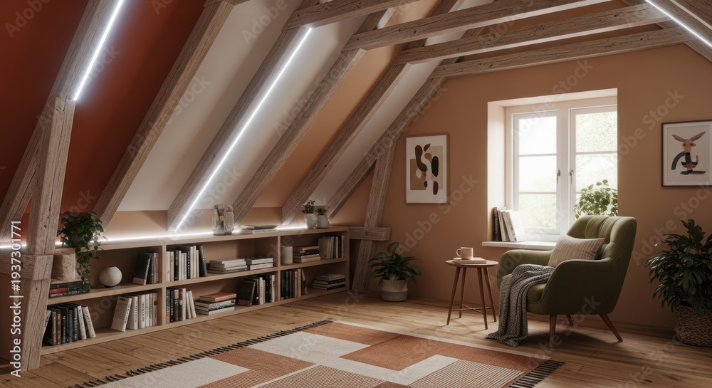 Obraz premium Cozy attic interior with bookshelves and armchair under sloping roof