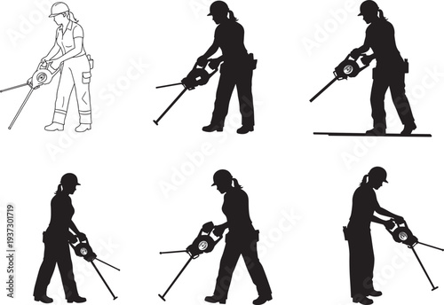 Black and white metal detector illustration, scanning ground, helmeted figure, detection poses, exploration activity, treasure hunting, search motion, outdoor equipment, hobby