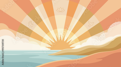 Sunrise over the ocean with rays extending across the sky and hills in the distance