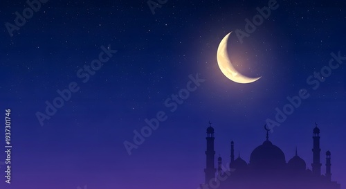 Ramadan kareem celebration background with crescent moon and mosque silhouette under starry night sky creating peaceful spiritual islamic atmosphere