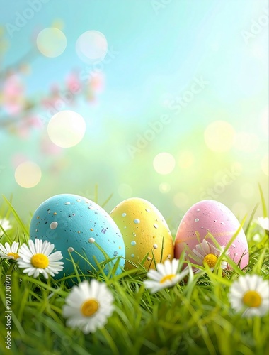 Colorful Easter eggs placed in fresh green spring grass with small white daisy flowers, featuring three pastel decorative eggs in blue, yellow, and pink with subtle speckled patterns. 