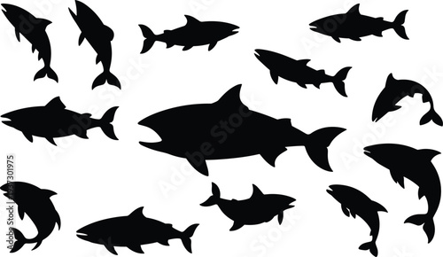 Set of fish silhouettes collection isolated on light background, various marine and freshwater fish shapes for ocean wildlife icon, fishing design, and logo