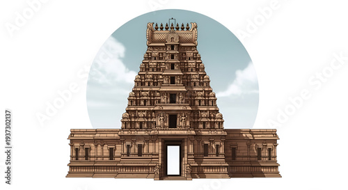 Traditional hindu temple architecture illustration celebrating Happy Tamil New Year sacred indian culture festival heritage landmark design background vector