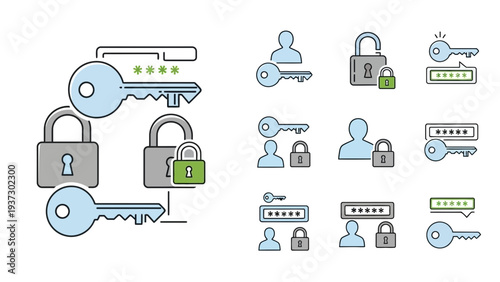 Collection of stylized security icons featuring keys, various padlocks, user profiles, and obscured digital password fields representing access control concepts.