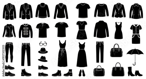 Collection of Black Clothing and Accessories Silhouettes.