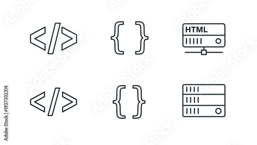 A comprehensive collection of modern outline icons illustrating essential programming, web development, and server infrastructure concepts for various digital projects, applications