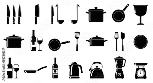 Collection of kitchen utensils and appliances silhouettes.