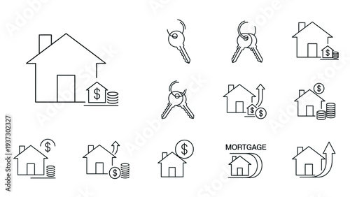 A comprehensive set of minimalist line icons illustrating key concepts in real estate, housing, property investment, and mortgage financing, perfect for web and app design.