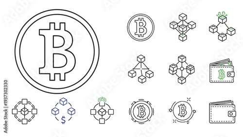 A collection of detailed outline icons representing Bitcoin cryptocurrency, blockchain technology structures, and digital wallet concepts for finance.
