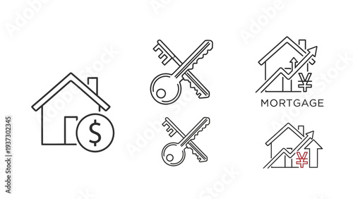 A valuable collection of minimalist line art vector icons representing various real estate concepts, including home finance, property ownership, mortgage loans, housing market growth